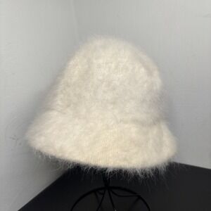 Vintage Style Fuzzy White Bucket Hat Women's OSFM Rabbit Hair Wool Blend